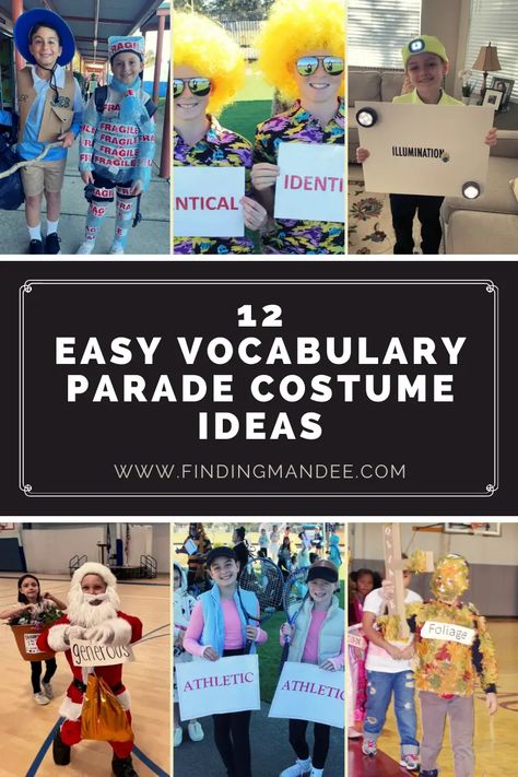 12 Easy Vocabulary Parade Costume Ideas - Finding Mandee Word Play Costumes Ideas, Adjective Dress Up Day Ideas, Vocabulary Dress Up, Vocabulary Day Parade, Diy Vocabulary Parade Costumes, Adjective Costume Ideas, Vocabulary Words Costume Ideas, Letter Parade Costume, Vocabulary Word Parade Costumes