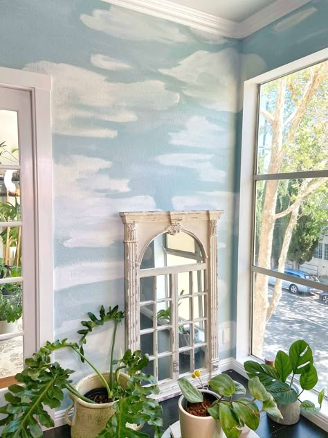 Plants Without Sunlight, Cloud Mural, Painted Clouds, Best Blue Paint Colors, Indoor Plants Styling, Wall Murals Diy, Living Room Murals, Condo Living Room, Kids Room Murals