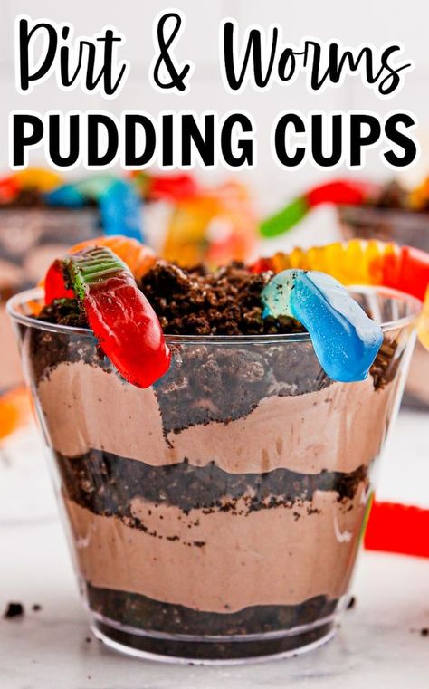 Dirt and Worms Pudding Cups - the cutest no bake summer dessert! Layers of chocolate pudding and crushed Oreos with gummy worms on top. Easy Dirt Pudding Recipe, Easy Dirt Pudding, Halloween Dirt Pudding, Dirt Dessert Recipe, Dirt Cake Cups, Dirt Cups Dessert, Dirt Pudding Recipes, Oreo Dirt Pudding, Pudding Oreo