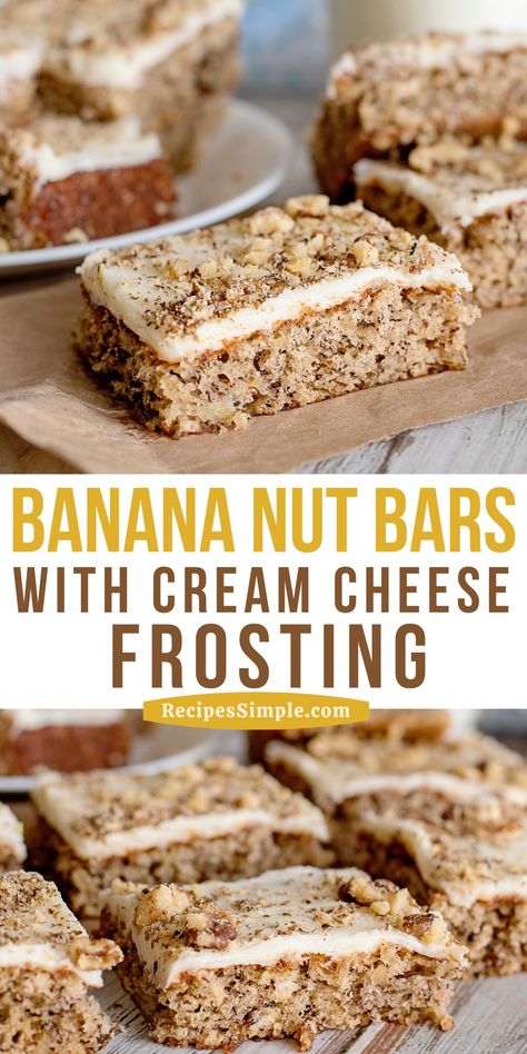 Banana Nut Bread Bars, Banana Nut Bars With Cream Cheese Frosting, Banana Cream Bars, Banana Nut Brownies Recipe, Banana Nut Bars, Banana Bars With Cream Cheese Frosting, Banana Nut Brownies, Banana Nut Recipes, Dessert Bars Recipes Easy