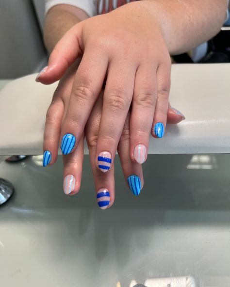 the stripes are you kidding me🪩💙 let’s get your summer nails ready🥰 #nails #nailsnailsnails #nailsofinstagram #nailart #nail #naildesign #stripes #dnd #summernails #blue #bluenails #backtoschool #funnails #ogden #ogdenutah #ogdennails #ogdennailtech #utah #utahnails Stripe Nail Designs, Strip Nails, Striped Nail Designs, Ogden Utah, Ashley Johnson, Hello Nails, Stripped Nails, Striped Nails, Gel Nail Design