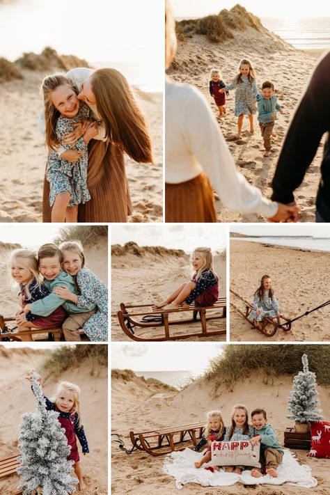 Winter Beach Photoshoot Family Christmas Cards, Florida Christmas Family Photos, Christmas Family Photos On The Beach, Tropical Christmas Photoshoot, Xmas Family Photo Ideas Beach, Christmas Beach Mini Sessions, Beach Christmas Photos Family, Florida Christmas Card Photo Ideas, Family Beach Pictures Winter