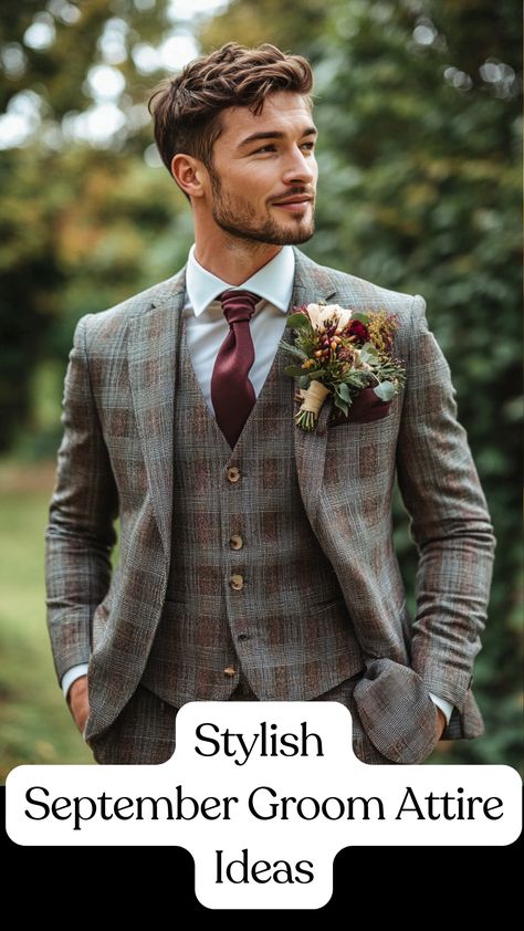 Groom wearing a stylish suit for a September wedding, showcasing a perfect blend of classic and modern attire ideal for the autumn season. Fun Groom Attire, Classic Groom Attire, Unique Groom Attire, Casual Groom Attire, Classic Suits, Groom's Attire, Casual Grooms, Groom Wedding Attire, The Best Outfits