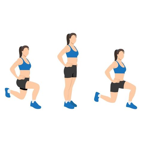 Woman doing front and back lunges exercise. Flat vector illustration isolated on white background Lunges Exercise, Squat Jump, Lunge Workout, Woman Illustration, Flat Vector, Lower Body Workout, Lower Body, Vanity Fair, Workout Videos