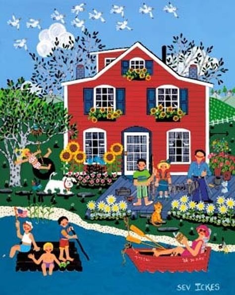 Sev Ickes Naïve Artist, Art Houses, Americana Art, Arte Folk, Red Cottage, Cottage Art, Jigsaws, Red House, Naive Art