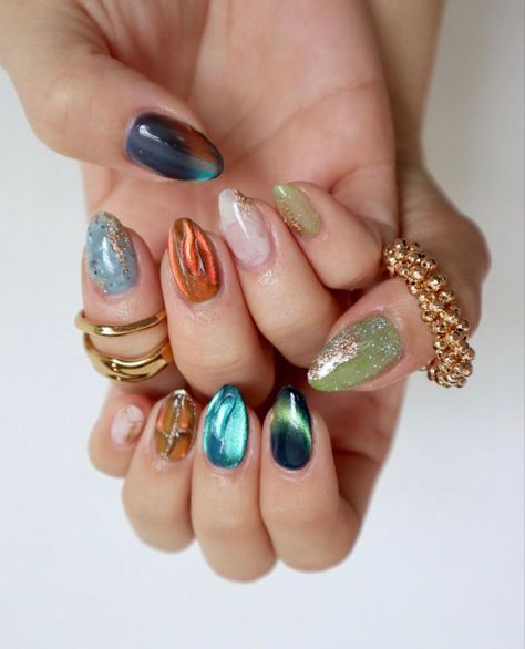 Gem Colored Nails, Gem Tone Nails, Nail Art Full Color, Nails Jewel Tones, Jewel Tone Nails, Eclectic Nails, Nails Hippie, Gemstone Nails, Hottest Summer Nails