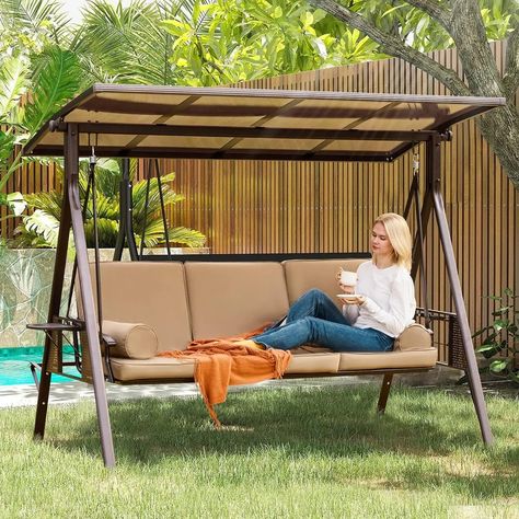 Erommy Outdoor Patio Porch Swing, 3-in-1 Swing Bed, Adjustable Backrest, Rotatable Hardtop w Cushions and Pillow - Bed Bath & Beyond - 37372226 Pvc Canopy, Swing Bed, Patio Glider, Outdoor Canopy, Polycarbonate Panels, Fabric Canopy, Patio Swing, Bed Swing, Outdoor Swing