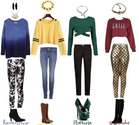 Hogwarts house outfits! Hufflepuffs outfit is the best but I'm a Ravenclaw Harry Potter Inspired Outfits, Hogwarts Houses Outfits, Harry Potter Houses Outfits, Hufflepuff Outfit, Harry Potter Dress, Slytherin Fashion, Stile Harry Potter, Hogwarts Outfits, Harry Potter Style