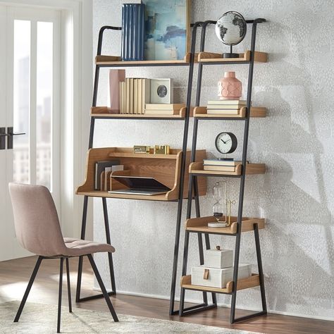 Leaning Ladder Desk, Vertical Bookshelf, Shelf Ladder, Office Furniture Set, Ladder Desk, Ladder Design, Leaning Ladder, Desk Dimensions, Writing Desk With Drawers