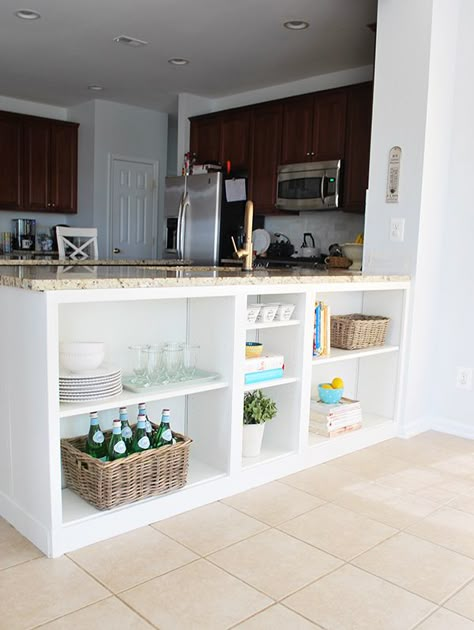 These under the counter shelves started as IKEA Billy Bookcases and were simple to build-in to add storage. Full tutorial HERE {with a giveaway}. Ikea Bookcases, Kitchen Bookshelf, Ikea Billy Bookcase Hack, Ikea Bookcase, Kitchen Ikea, Bookcase Diy, Ikea Billy Bookcase, Billy Bookcase, Diy Kitchen Island