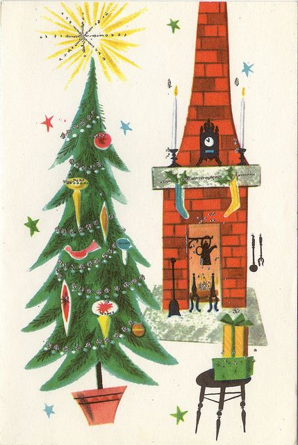 vintage christmas card - lovely grinchy feel Christmas Tree And Fireplace, Retro Christmas Cards, Retro Christmas Decorations, Nostalgic Christmas, 1950s Christmas, 1950s Retro, Vintage Christmas Card, 4 December, Vintage Christmas Images