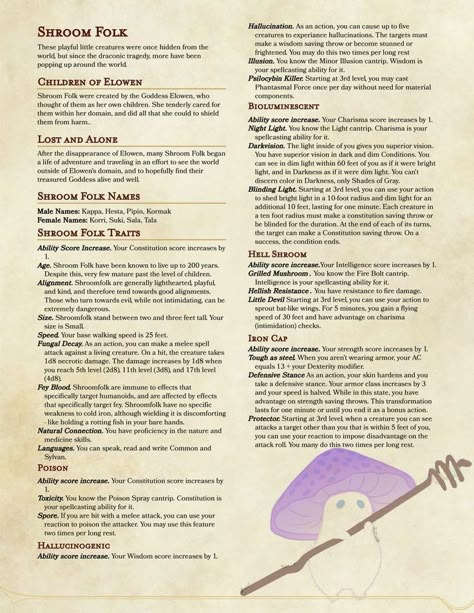 Home Brew Dnd Monster, Dnd Mushroom Items, Home Brew Classes Dnd, Dnd Races Homebrew, Dnd Mushroom, Dnd 5e Races, Mushroom Folk, Homebrew Races, Dungeons And Dragons Races