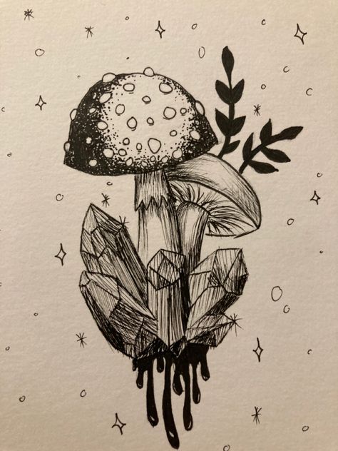 Mystical Drawings, Amethyst Mushroom, Mushroom Species, Witch Tattoo, Mushroom Drawing, Moon Drawing, Sketchbook Art, Drawing Inspo, Sketchbook Art Inspiration