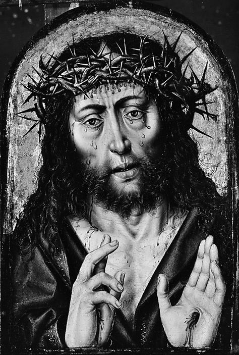 Aelbert Bouts  (Netherlandish, Leuven ca. 1451/54–1549).   The Man of Sorrows,  ca. 1525, Oil on wood; Arched top, 17 1/2 x 11 1/4 in. (44.5 x 28.6 cm). The Metropolitan Museum of Art. Visio Divina, Man Of Sorrows, Religious Iconography, Alice And Wonderland Quotes, A3 Poster, Jesus Painting, Jesus Christus, Classic Image, Beautiful Dark Art