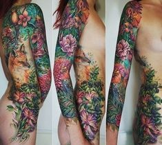 Natur Tattoo Arm, Nature Tattoo Sleeve, Kunst Tattoos, Floral Tattoo Sleeve, Flower Tattoo Sleeve, Tatuaje A Color, Fox Tattoo, Sleeve Tattoos For Women, Floral Sleeve