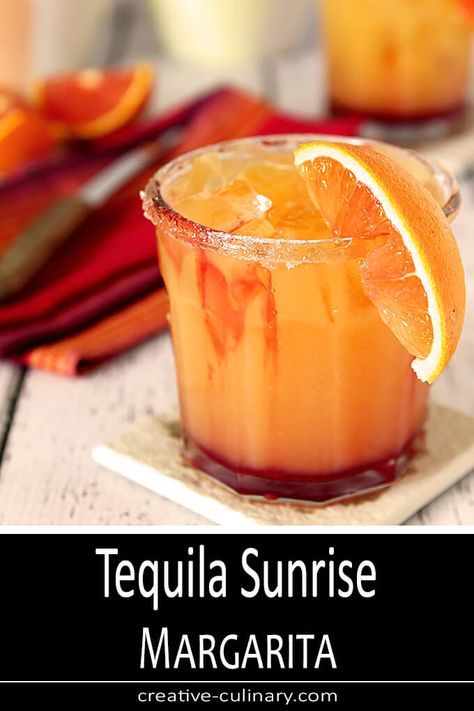 Tequila Sunrise Margarita Cocktail | Creative Culinary Latin Drinks, Nonalcoholic Drinks, Amazing Drinks, Margarita Day, National Margarita Day, Specialty Drinks, Thanksgiving Drinks, Tasty Drinks, Tequila Drinks