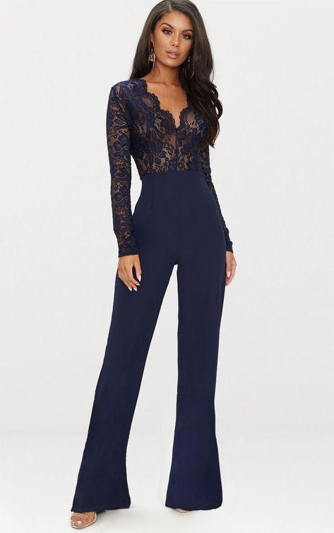 Navy #Over50 Prom Jumpsuit Classy, Prom Jumpsuit, Classy Jumpsuit, Outfit Chic, Jumpsuit Elegant, Lace Jumpsuit, Lace Long Sleeve, Outfit Trends, Navy Lace