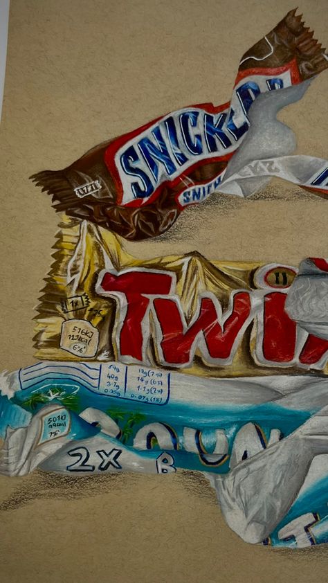 Sweet Wrapper Art, Gcse Art Food Title Page, Still Life Title Page, Food Surrealism, Candy Sketch, Food Textiles, Candy Drawings, Food Art Drawing, Ks3 Art