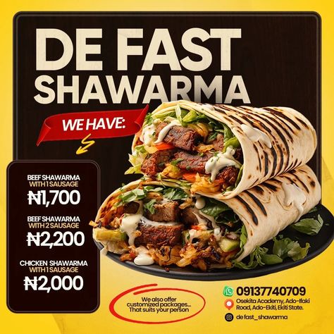 Some designs i created recently for DE FAST SHAWARMA . The aim was to create something very bold and simple to captivate and draw the attention of the supposed audience at first glance . Would you like us on your next Design project send a DM 📥 or shoot us a mail chideraaemmmanuel@gmail.com . THE FLYER DESIGN COURSE DBA STILL ON SALE . . . . #graphicdesign #graphicdesigncommunity #shawarma #shawarmalovers #shawarmalovers🌯❤️🤗 #creatives #visualcommunication #socialmediadesign #photoshop #pho... Chicken Shawarma, Sale Flyer, Design Course, Visual Communication, Design Project, Social Media Design, Flyer Design, Design Projects, On Sale