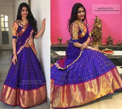 Kavitha Gutta Pochampally Silk Half Saree Trending Lehenga Designs, Silk Half Saree, Lehenga Saree Design, Half Saree Lehenga, Lehnga Dress, Saree Lehenga, Half Saree Designs, Long Gown Dress, Indian Gowns Dresses