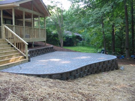 Pavers For Patio, Hardscape Patio, Concrete Paver Patio, Paver Patios, Landscape Pavers, Patio Pictures, Raised Patio, Sloped Yard, Deck Steps