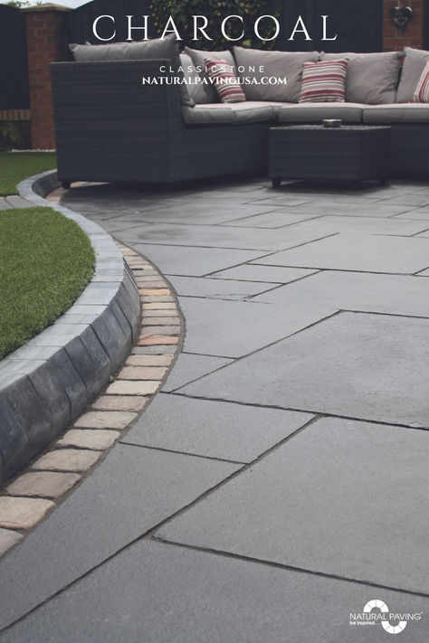 Stylish outdoor patio featuring Charcoal Classicstone pavers, showcasing a modern landscape design ideal for gatherings and relaxation. Farmhouse Outdoor Patio, Slate Pavers, Grey Pavers, Sandstone Pavers, Outdoor Pavers, Patio Pavers, Stone Patio, Farmhouse Outdoor, Terrace Ideas