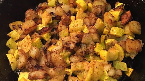 Fried Yellow Squash with Potatoes and Onions Recipe - Allrecipes.com | Allrecipes Fried Potatoes And Squash, Fried Squash Potatoes And Onions, Squash Potatoes And Onions, Fried Squash Recipes, French Fried Onion Recipes, Fried Yellow Squash, Fried Onions Recipe, Fried Squash, Onion Potatoes