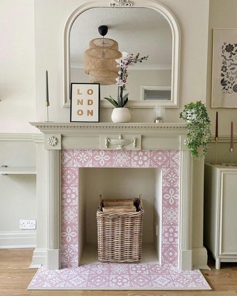 Pink Tiled Fireplace, Uk Fireplace Ideas, Painted Fire Surround Ideas, Fire Place Surround, Antique Tile Fireplace, Coloured Fireplace, Painted Fireplace Tiles, Wood And Tile Fireplace, Paint Fireplace Surround