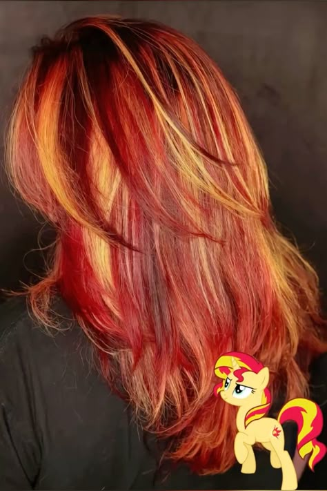 Sunset Hair Dye, Sunset Peekaboo Hair, Red Hair With Orange Highlights, Orange Hair Dye Ideas, Hair With Orange Highlights, Sunset Hair Color Ombre, Sunset Orange Hair, Reddish Orange Hair, Sunset Shimmer Aesthetic