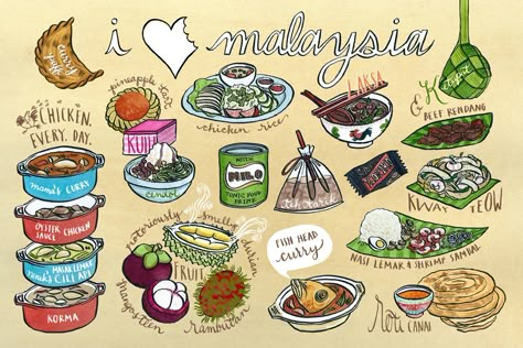 stellarbaby.com: liza ferneyhough, illustrator & designer Malaysian Food Illustration, Asia Drawing, Nyonya Food, Malaysia Kuala Lumpur, Malaysia Travel Guide, Malay Food, Malaysian Cuisine, Kuala Lumpur City, Food Doodles