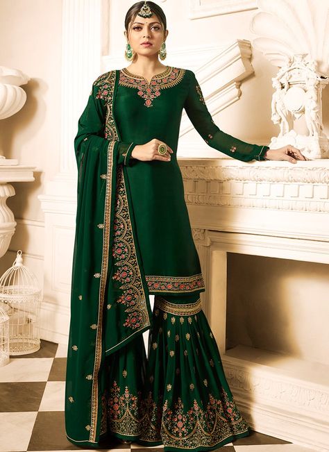 Emerald Green Embroidered Gharara Suit Green Gharara, Sarara Dress, Roka Ceremony, Indowestern Dresses, Gharara Designs, Orang India, Bamboo Diy, Jacket Designs, Desi Fits