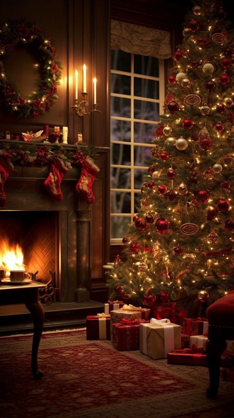 Christmas Tree And Fireplace, Christmas Scenery, Cosy Christmas, Christmas Themes Decorations, Warm Christmas, Old Christmas, Christmas Mantels, Christmas Tree Farm, Christmas Scenes