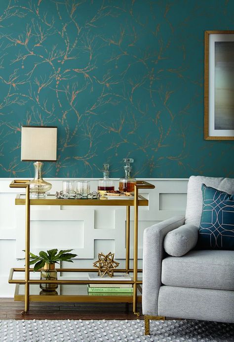 White Pine Wallpaper in Teal from Masterworks Collection by Ronald Redding for York Wallcoverings Pine Wallpaper, Summer Living Room Decor, Teal Living Rooms, Summer Living Room, Teal Bedroom, Scott Living, Teal Wallpaper, White Pine, Wallpaper Living Room