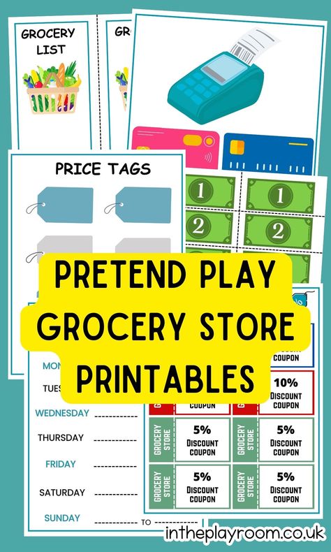 Free Printable Pretend Play Grocery Store For Kids - In The Playroom Grocery Store Printables Free, Pretend Play Menu Free Printable, Diy Store For Kids, Grocery Store Pretend Play Free Printables, Grocery Store Dramatic Play Printables Free, Farmers Market Dramatic Play Preschool Free Printables, Grocery Store Theme For Preschool, Grocery Store Preschool Activities, Diy Grocery Store For Kids