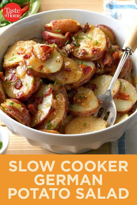 Taste Of Home German Potato Salad, Slow Cooker German Potato Soup, Canning German Potato Salad, German Crockpot Meals, Slow Cooker German Potato Salad, Crockpot German Potato Salad, Slow Cooker German Recipes, German Style Potato Salad, German Potatoes Recipes