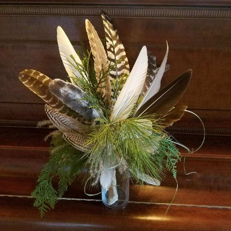 Flower Arrangements With Feathers, Cattail Bouquet, Turkey Feather Bouquet, Turkey Feather Arrangement, Flowers With Pheasant Feathers, Fall Wedding Bouquets With Pheasant Feathers, Turkey Feather Wedding Bouquet, Pheasant Feather Floral Arrangements, Pinecone Bouquet