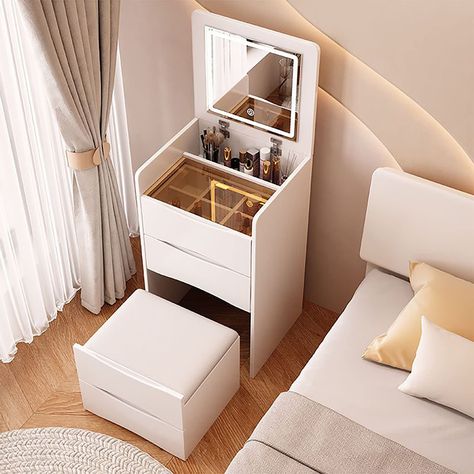 Luxury Dresser, Space Saving Bedroom, Makeup Vanities, Mirror Drawers, Drawer Bedroom, Dressing Table Storage, Mirrored Vanity Desk, Vanity Benches, Dressing Table Desk