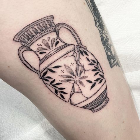 Greek Vessel Tattoo, Roman Pottery Tattoo, Greek Urn Tattoo, Kintsugi Vase Tattoo, Kintsugi Watercolor, Broken Vase Tat, Be Love Tattoo, Roman Vase Tattoo, Greek Pottery Tattoo