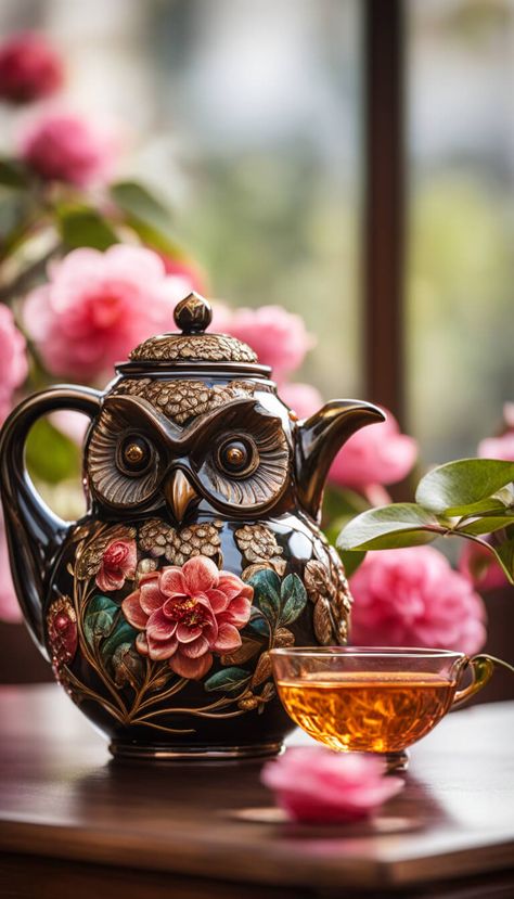 Amazing Owl Teapot - AI creation Owl Teapot, Art Deco Artwork, Beautiful Teapots, Owl Pictures, Teapots And Cups, Pottery Ideas, Screen Savers, Kitchen Items, Tea Pot