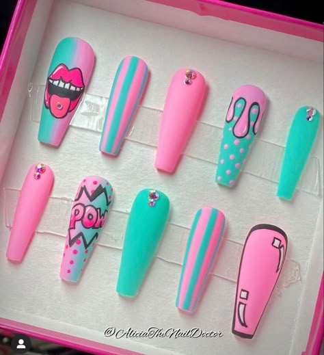 Pop Art Nails, Diy Acrylic Nails, Drip Nails, Edgy Nails, Glow Nails, Long Acrylic Nails Coffin, Summer Acrylic Nails, Pink Acrylic Nails, Coffin Nails Designs