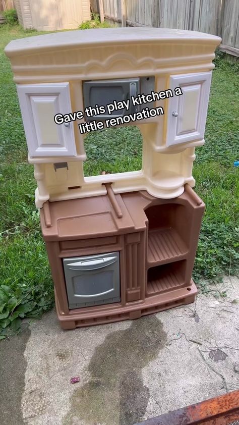 Pretty amazing for a plastic play kitchen but wouldn’t do it again 😅 ... | kitchen | TikTok Plastic Toy Kitchen Makeover, Plastic Kitchen Makeover, Plastic Play Kitchen Makeover, Ikea Toddler Kitchen, Play Kitchen Food Storage, Diy Kids Kitchen Ideas, Playroom Kitchen Area, Diy Kitchen Toy, Play Kitchen Organization