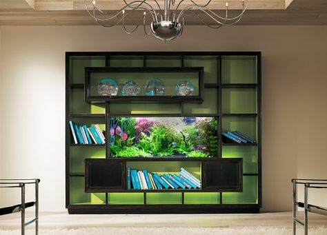 Shelf unit for an aquarium - nice way to accent the tank without it just sitting there obtrusively. also adds some storage (which we ALL need more of!) Aquarium Mural, Fish Tank Wall, Aquarium Diy, Wall Aquarium, Fish Tank Stand, Wall Divider, Contemporary Shelving, Cool Fish Tanks, Fish Tank Design