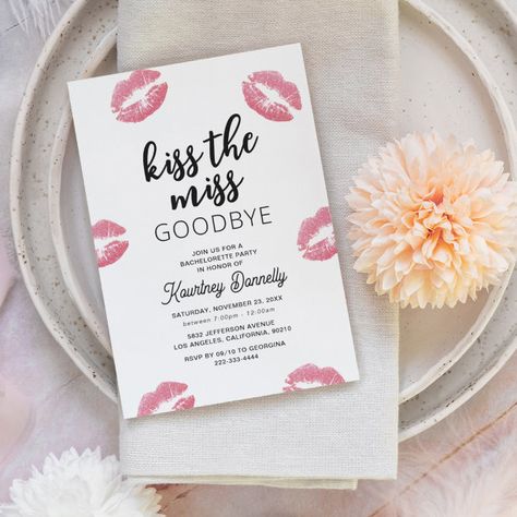 Bachelorette Party Invitations & Templates | Zazzle Bride To Be Invitation Card, Kiss The Miss Goodbye Bachelorette, Bachelorette Party Invitations Templates, Bachelorette Card, Kiss The Miss Goodbye, Bride Things, Pink Bachelorette Party, Party Invitations Templates, Hens Party Invitations