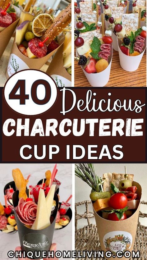 Elevate your next gathering with these 40 Instagram-worthy charcuterie cup ideas! Perfect for every occasion, from weddings and brunches to holiday parties, these single-serving cups pack all the flavor of a traditional charcuterie board into a stylish, photogenic presentation. Fill them with a variety of meats, cheeses, crackers, fruits, and extras like olives, nuts, or dips. Individual Charcuterie Board Cups, Appetizer In Paper Cone, Wedding Appetizers In A Cup, Cheese Board Cups, Charcuterie Board Ideas In Cups, Specialty Charcuterie Board, Appetizer Cups For Wedding, Appetizer Recipes Individual Cups, Fruit And Cheese Cups For Party