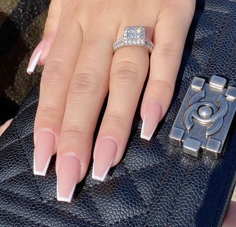 White Outline French Tip Nails Coffin, Wedding Ballerina Nails, Wedding Guest Nails Coffin, Coffin Acrylics Simple, Nails Coffin White Tip, Coffin Nail Frenchies, Europe Nails Aesthetic, Bailarina Nails Design, Elegant White Nails Classy