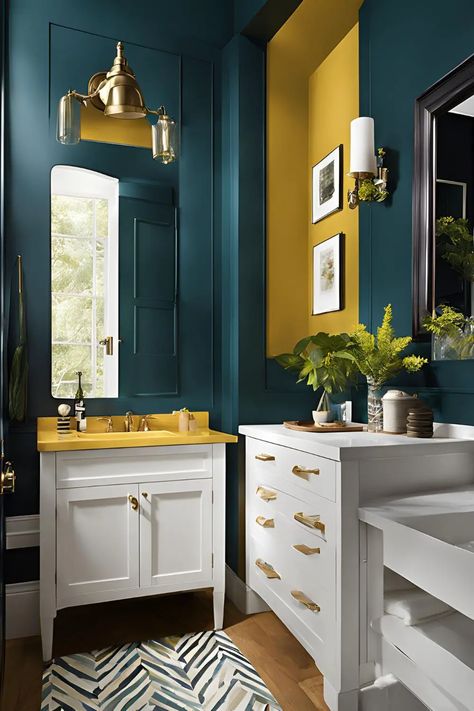 23 Brilliant Small Full Bathroom Ideas for Urban Living - RectifyHome Green And Yellow Bathroom Ideas, Green Small Bathrooms, Small Full Bathroom Ideas, Full Bathroom Ideas, Yellow Grey Bathroom, Small Full Bathroom, Teal Bathroom, Diy Bathroom Makeover, Orange Bathrooms