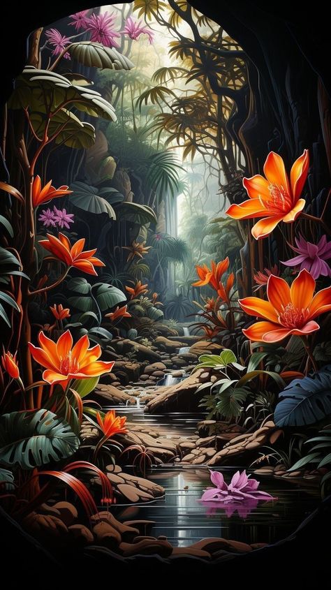 Cool Nature Tattoos, Whimsical Wallpaper, Cool Nature, Lovely Flowers Wallpaper, Waterfall Photography, Wallpaper Nature Flowers, Landscape Art Painting, Fantasy Paintings, Forest Art