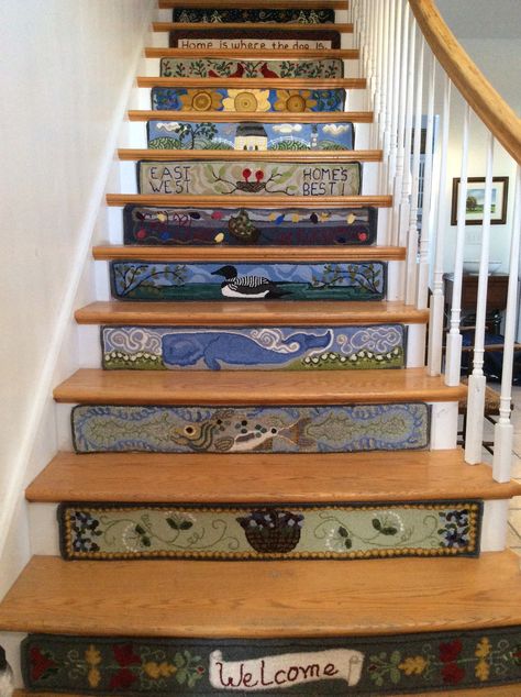 Three to go! Decorated Stair Risers, Decorated Stairs, Trendy Painting Ideas, Painted Stair Risers, Painting Ideas For Walls, Rug Punching, Wool Hooking, Ideas For Walls, Hook Rugs