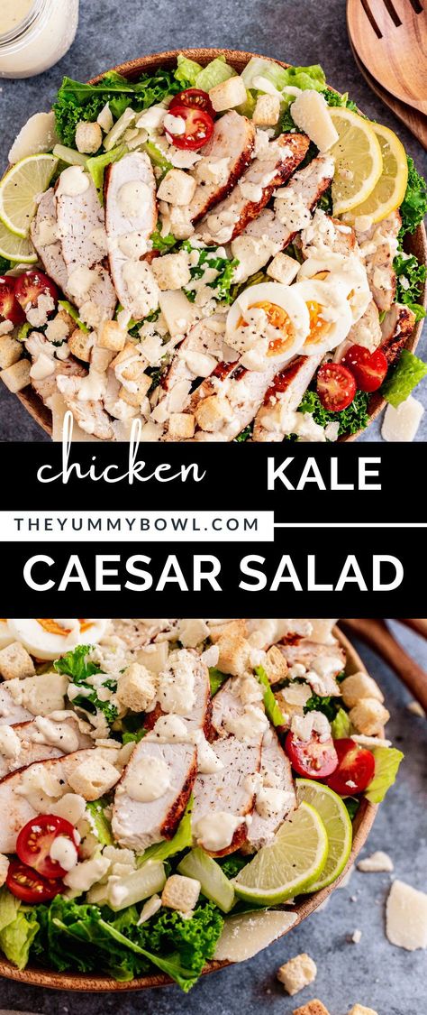 Lemon Kale Caesar Salad is a chicken salad lover's delight! A zesty blend of citrus juices, healthy caesar dressing, juicy chicken, and some essential toppings are sure to please! Healthy Caesar Dressing, Healthy Caesar Salad, Lemon Kale, Chicken Salad With Grapes, Kale Caesar, Kale Caesar Salad, Sweet Potato Skillet, Classic Caesar Salad, Quick Side Dishes