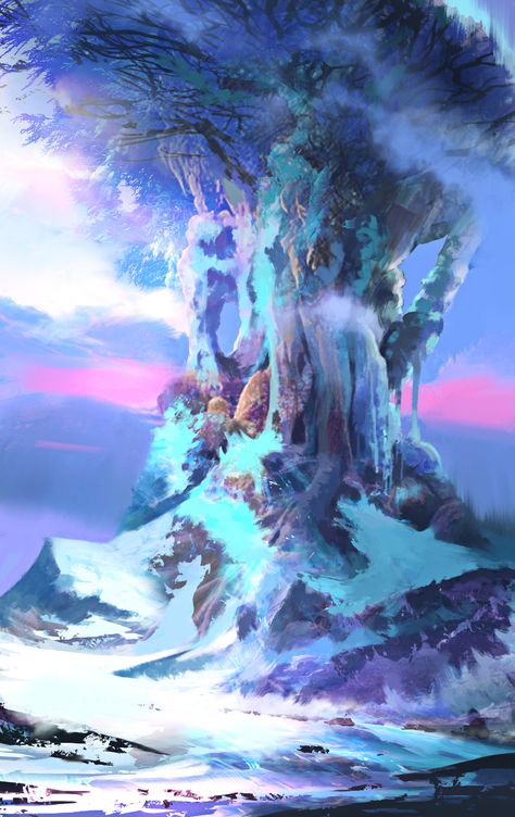 Snowy Places, Anime Locations, Frozen Tree, Dnd Inspiration, View Art, Magical Creature, Space Fantasy, Fantasy Island, Landscape Concept